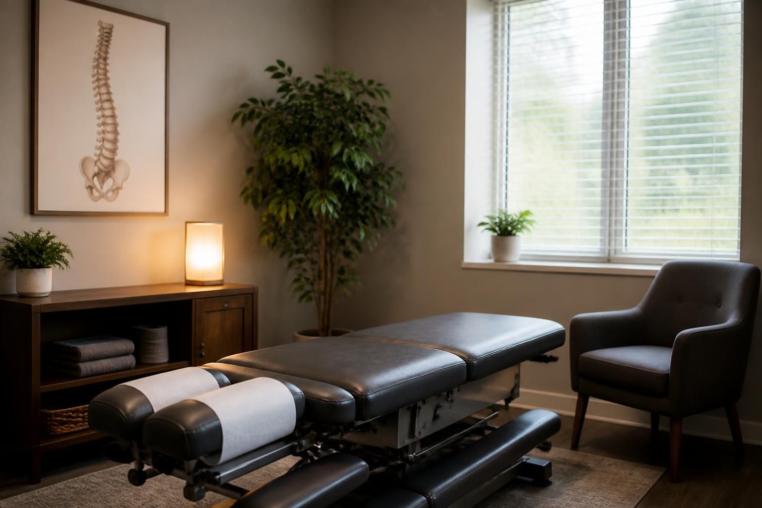 Calm chiropractic treatment room for accident recovery care.