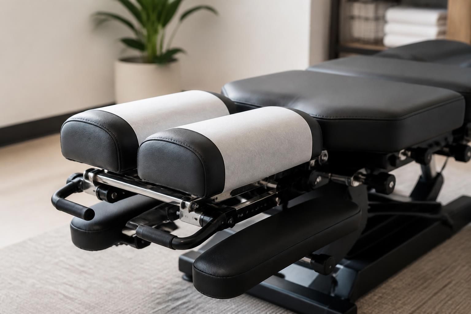 Clean chiropractic adjustment table in a modern treatment room.