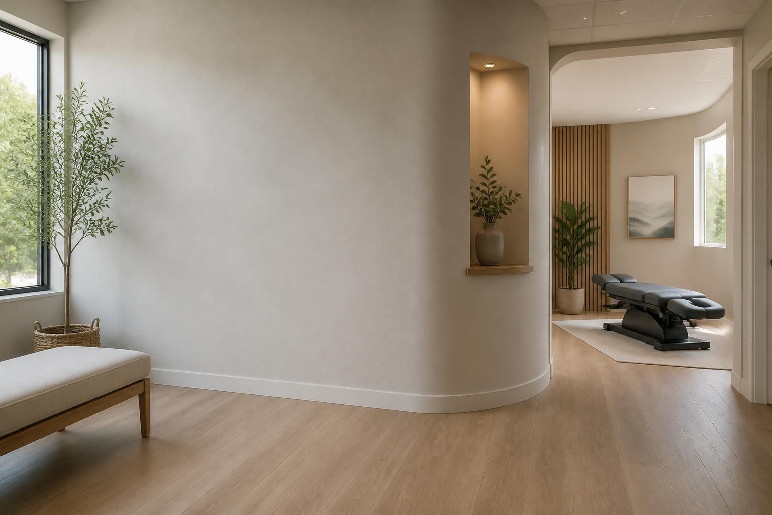 Wide view of a calm chiropractic clinic with open space for text.