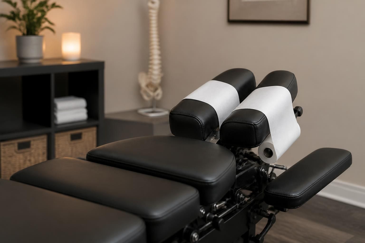 Serene chiropractic room with neck support treatment equipment.
