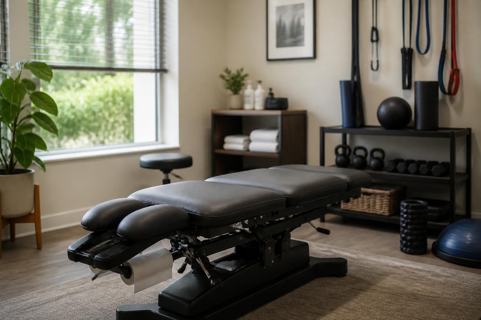 Chiropractic recovery room with sports injury care equipment.